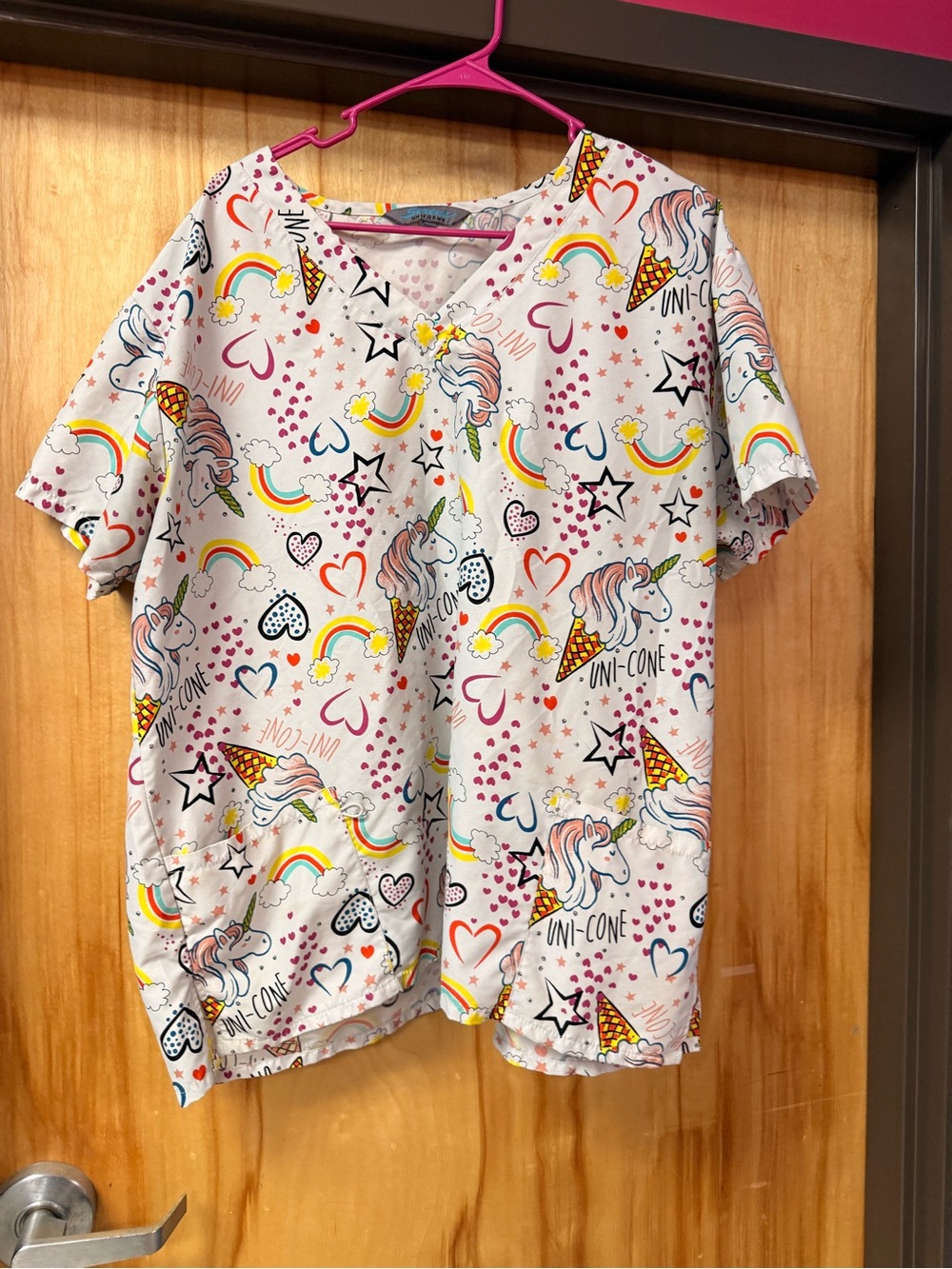 Unicorn & Rainbow Print Short Sleeve Scrub Top - White